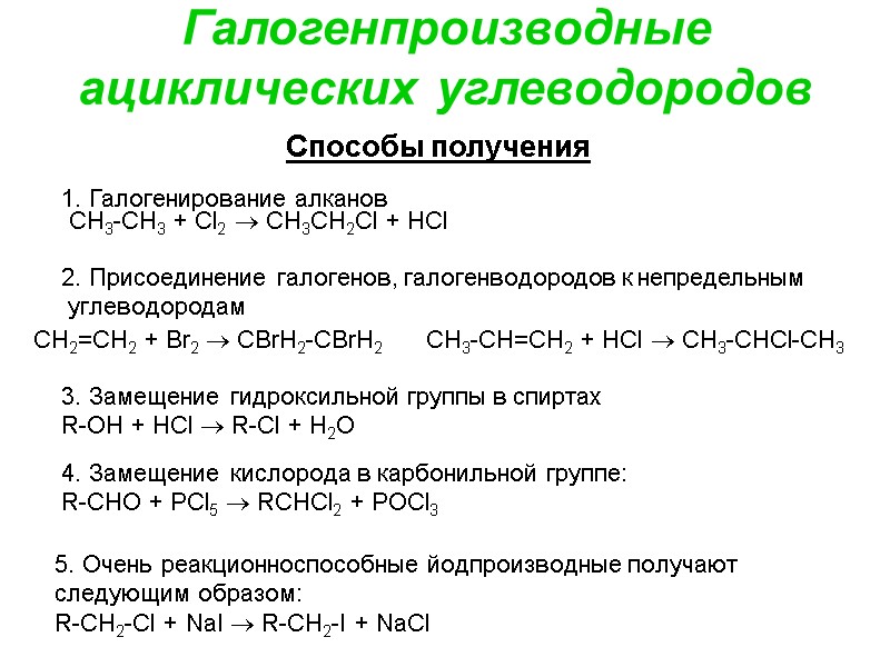Галогенпроизводные ациклических углеводородов Способы получения  1. Галогенирование алканов  CH3-CH3 + Cl2 
